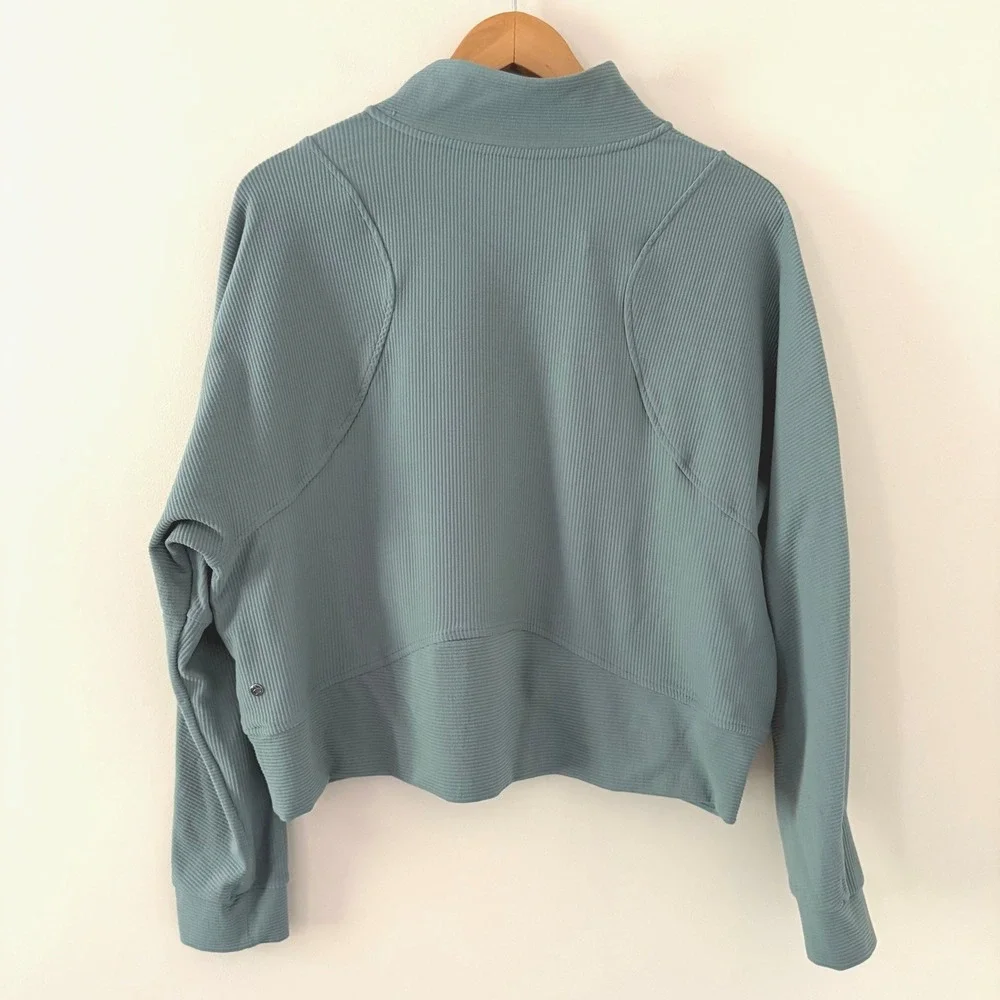 Zella Pullover Cropped Ottoman Ribbed Large Green 1/4 Zip Mock Neck Pockets